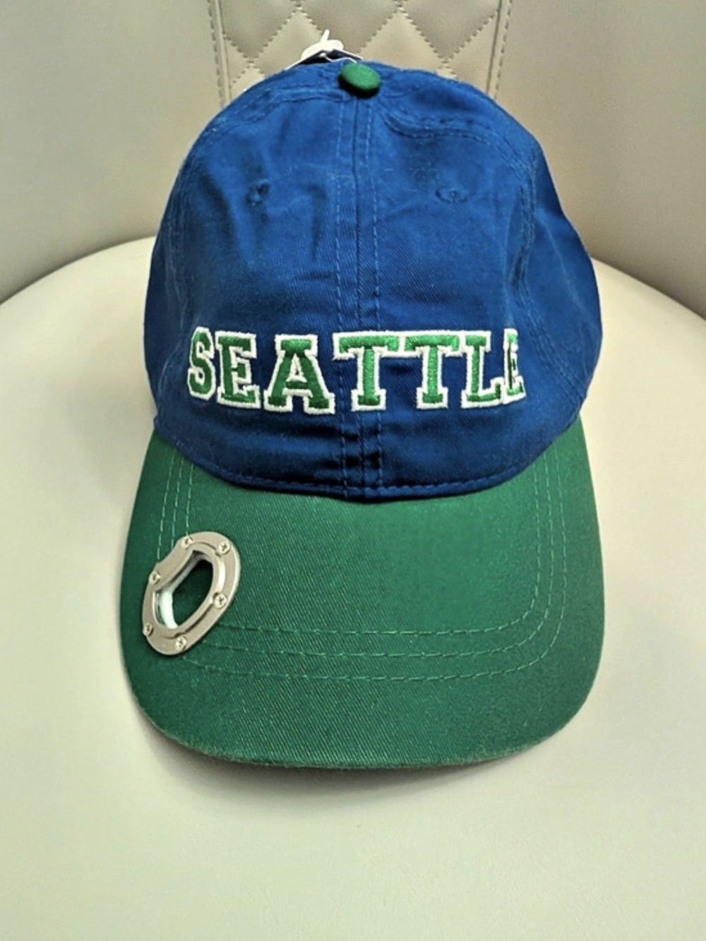 Blue & Green Seattle Baseball Cap w/ Bottlecap Opener